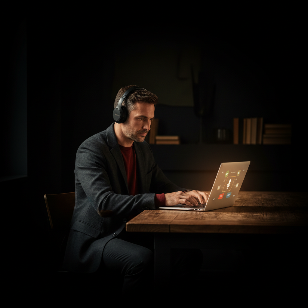 Professional businessman wearing headphones, using Talkivist on a laptop at a wooden desk