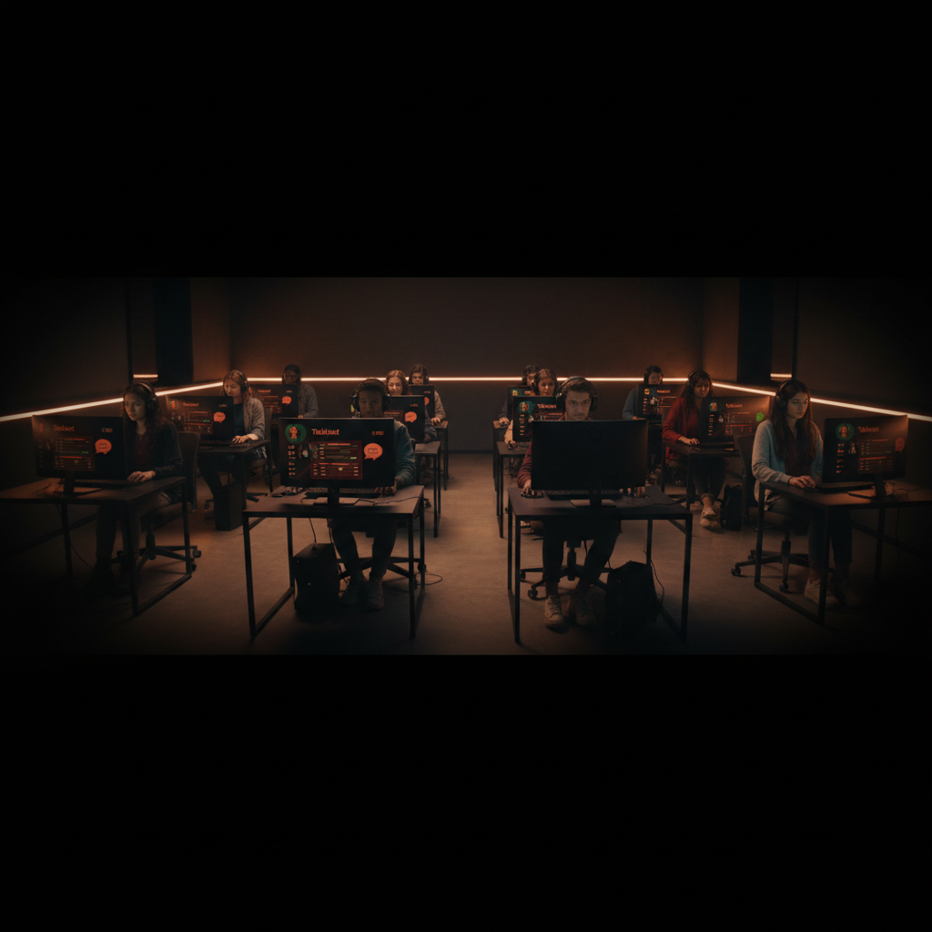 Group of students in a computer lab classroom, sitting at desktop computers with headphones on, using Talkivist language learning app, warm cinematic lighting